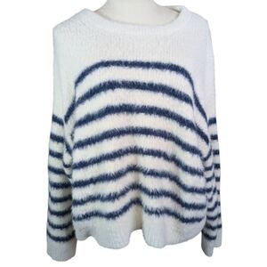 La Ligne Fuzzy Striped Sweater - White and Blue Nautical